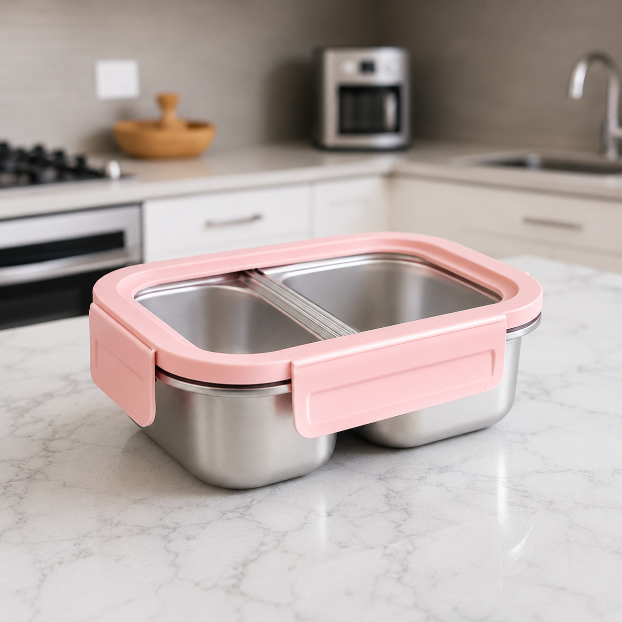 YELONA 316L Stainless Steel 600ML Lunch Box for Kids & Adults | Leakproof Bento Box with 2 Compartments, Removable 4 Side Lock Lid | Microwave Safe Steel Tiffin Box for Office School Travel - Pink