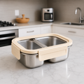 YELONA 316L Stainless Steel 600ML Lunch Box for Kids & Adults | Leakproof Bento Box with 2 Compartments, Removable 4 Side Lock Lid | Microwave Safe Steel Tiffin Box for Office School Travel - Beige
