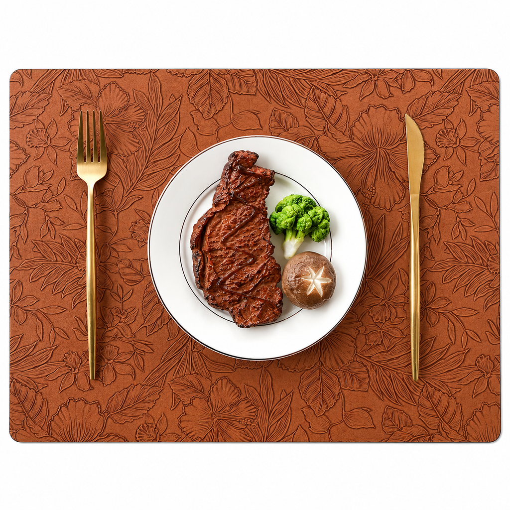 Yelona Premium Faux Leather Placemat Set of 4 | Printed Floral Design, Waterproof & Heat Resistant Table Mat | Non-Slip, Washable for Dining, Kitchen & Home Decor (Brown, 43 x 30 cm)
