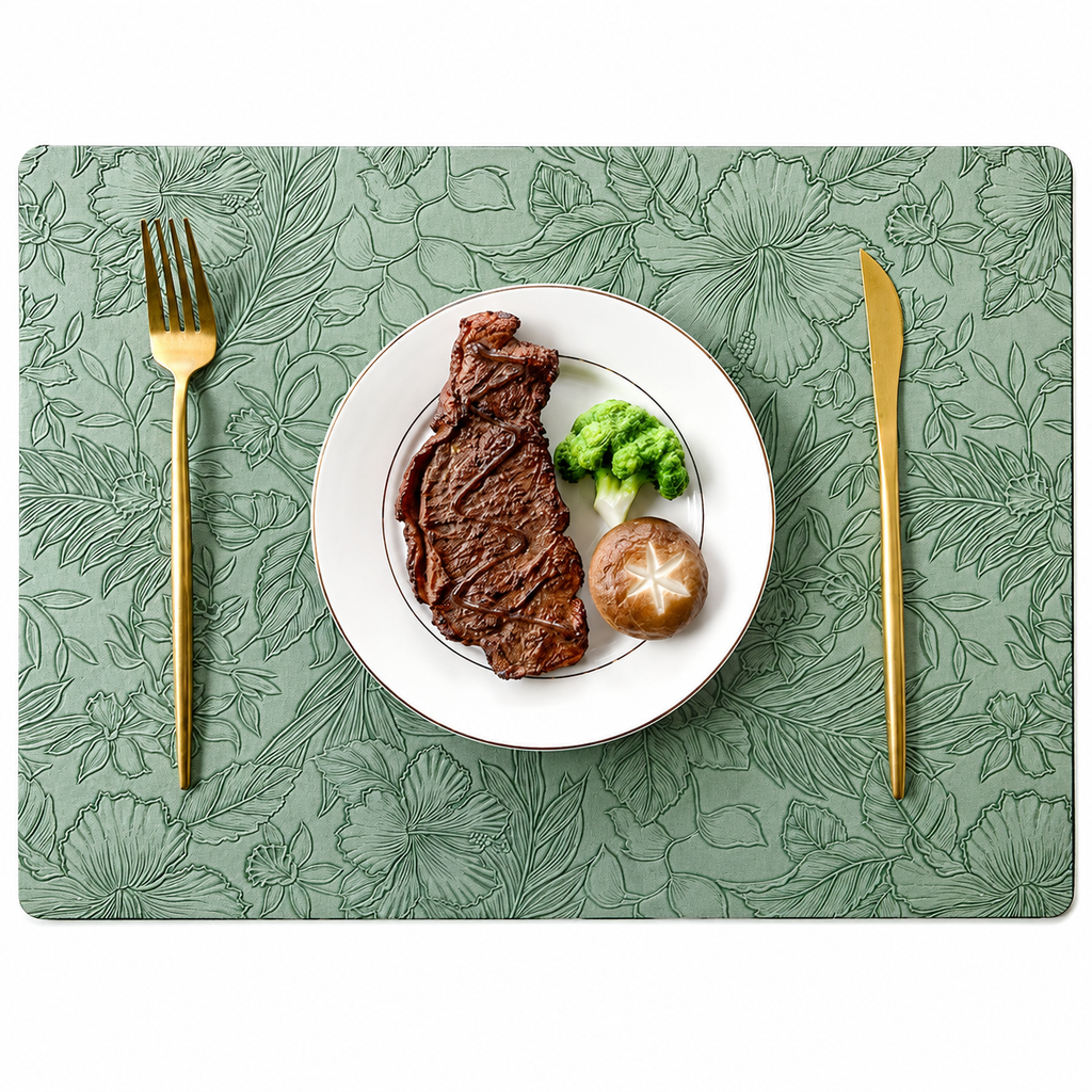 Yelona Premium Faux Leather Placemat Set of 6 | Printed Floral Design, Waterproof & Heat Resistant Table Mat | Non-Slip, Washable for Dining, Kitchen & Home Decor (Green, 43 x 30 cm)