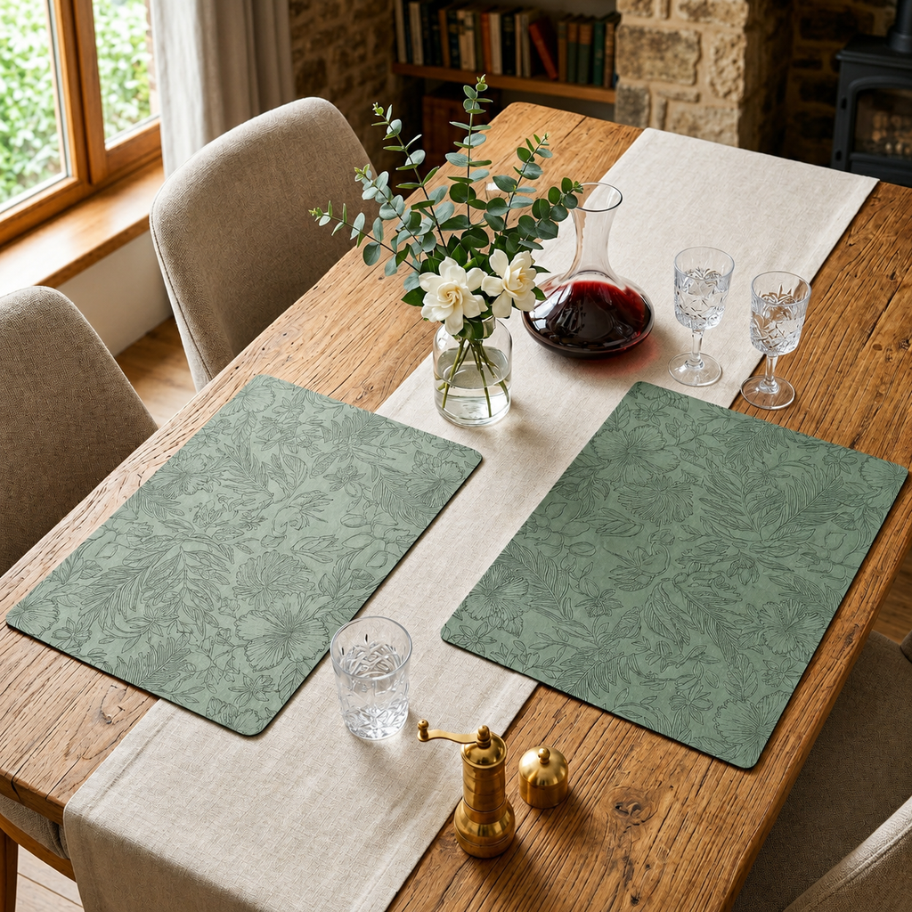 Yelona Premium Faux Leather Placemat Set of 6 | Printed Floral Design, Waterproof & Heat Resistant Table Mat | Non-Slip, Washable for Dining, Kitchen & Home Decor (Green, 43 x 30 cm)