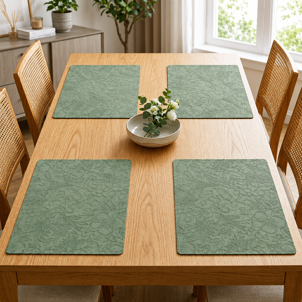 Yelona Premium Faux Leather Placemat Set of 6 | Printed Floral Design, Waterproof & Heat Resistant Table Mat | Non-Slip, Washable for Dining, Kitchen & Home Decor (Green, 43 x 30 cm)