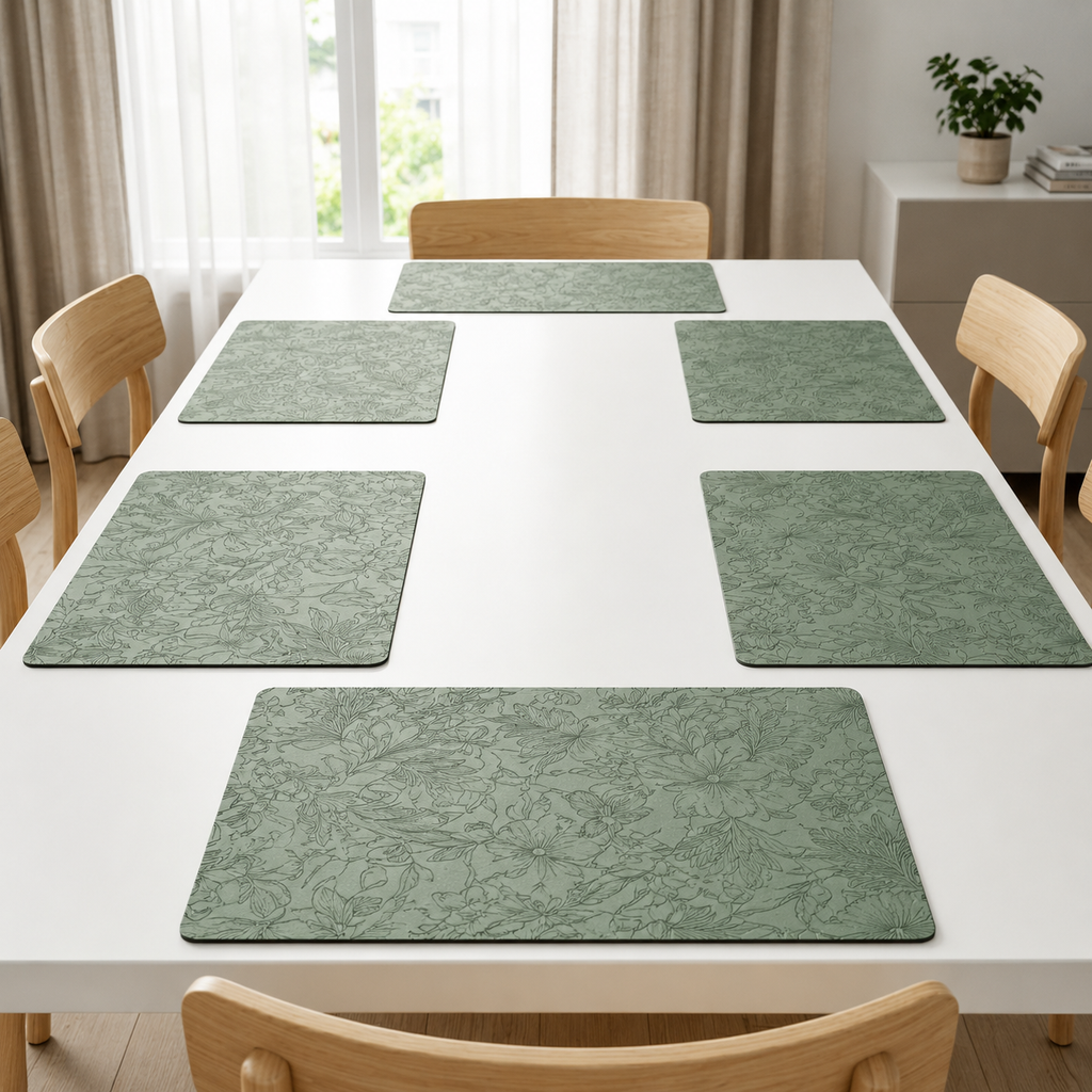 Yelona Premium Faux Leather Placemat Set of 6 | Printed Floral Design, Waterproof & Heat Resistant Table Mat | Non-Slip, Washable for Dining, Kitchen & Home Decor (Green, 43 x 30 cm)