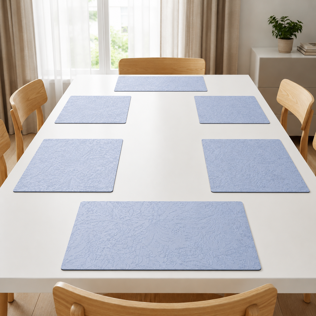 Yelona Premium Faux Leather Placemat Set of 4 | Printed Floral Design, Waterproof & Heat Resistant Table Mat | Non-Slip, Washable for Dining, Kitchen & Home Decor (Sky Blue, 43 x 30 cm)