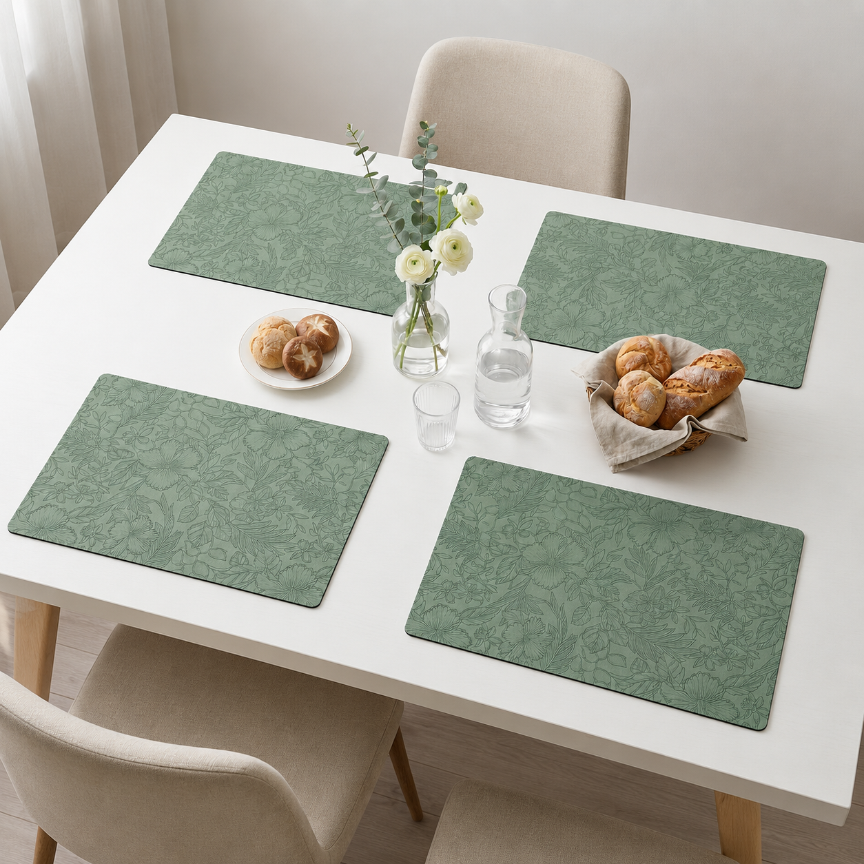 Yelona Premium Faux Leather Placemat Set of 4 | Printed Floral Design, Waterproof & Heat Resistant Table Mat | Non-Slip, Washable for Dining, Kitchen & Home Decor (Green, 43 x 30 cm)