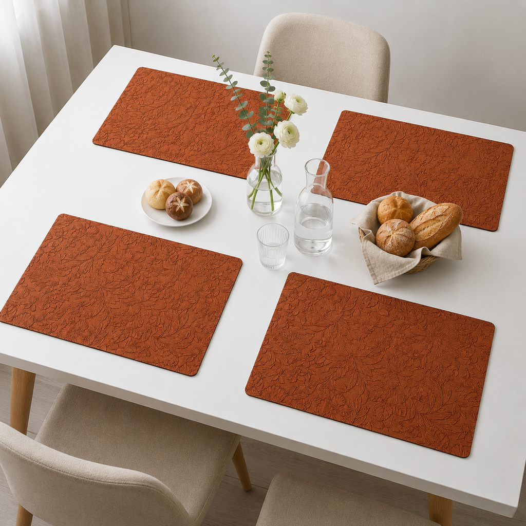 Yelona Premium Faux Leather Placemat Set of 4 | Printed Floral Design, Waterproof & Heat Resistant Table Mat | Non-Slip, Washable for Dining, Kitchen & Home Decor (Brown, 43 x 30 cm)