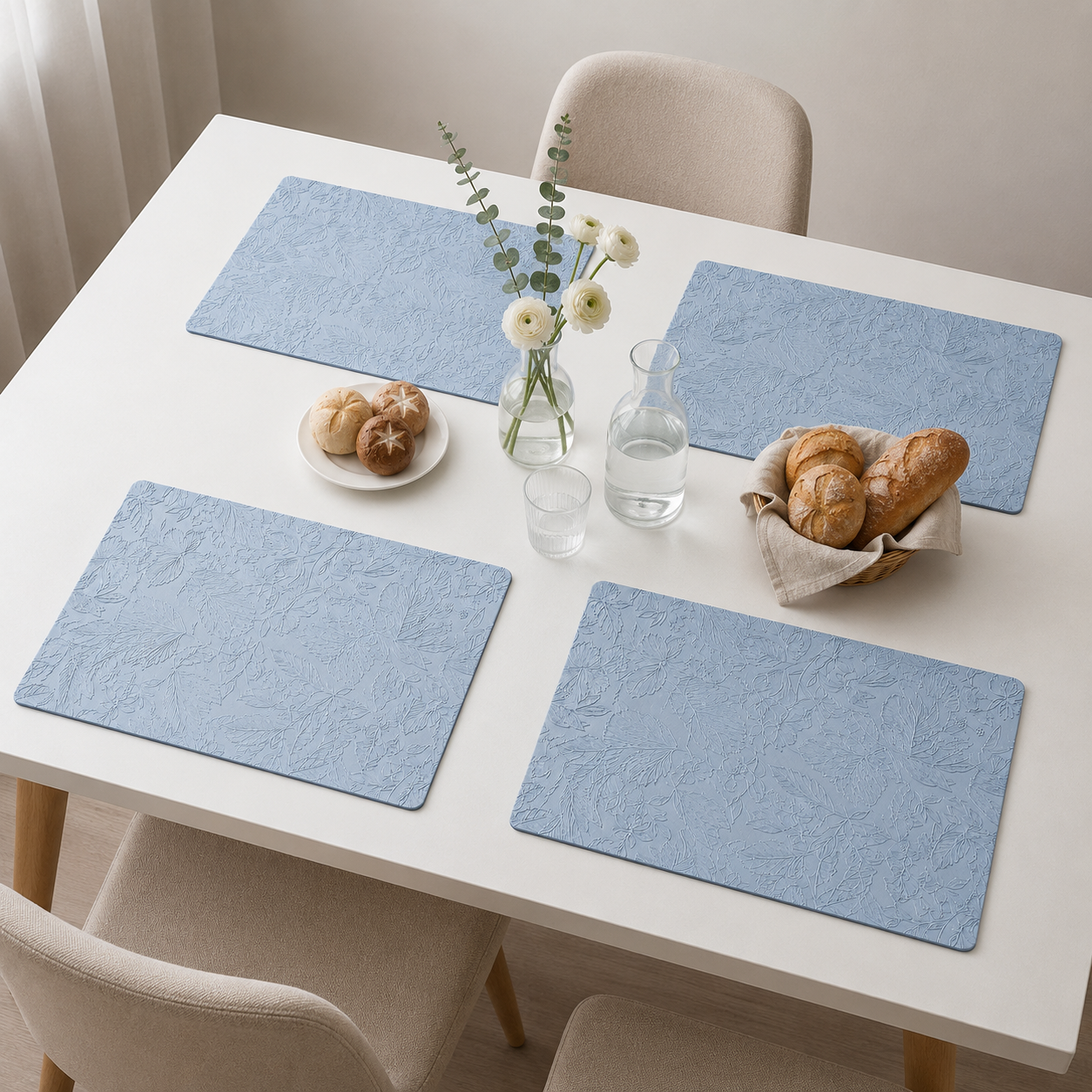 Yelona Premium Faux Leather Placemat Set of 4 | Printed Floral Design, Waterproof & Heat Resistant Table Mat | Non-Slip, Washable for Dining, Kitchen & Home Decor (Sky Blue, 43 x 30 cm)