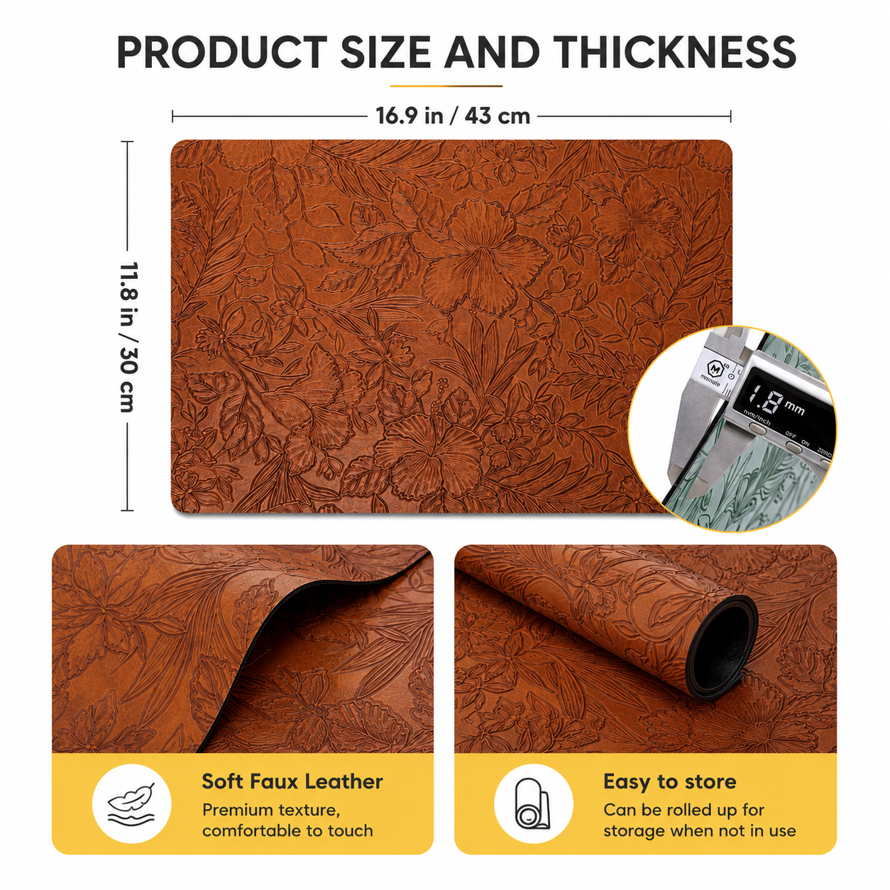 Yelona Premium Faux Leather Placemat Set of 4 | Printed Floral Design, Waterproof & Heat Resistant Table Mat | Non-Slip, Washable for Dining, Kitchen & Home Decor (Brown, 43 x 30 cm)