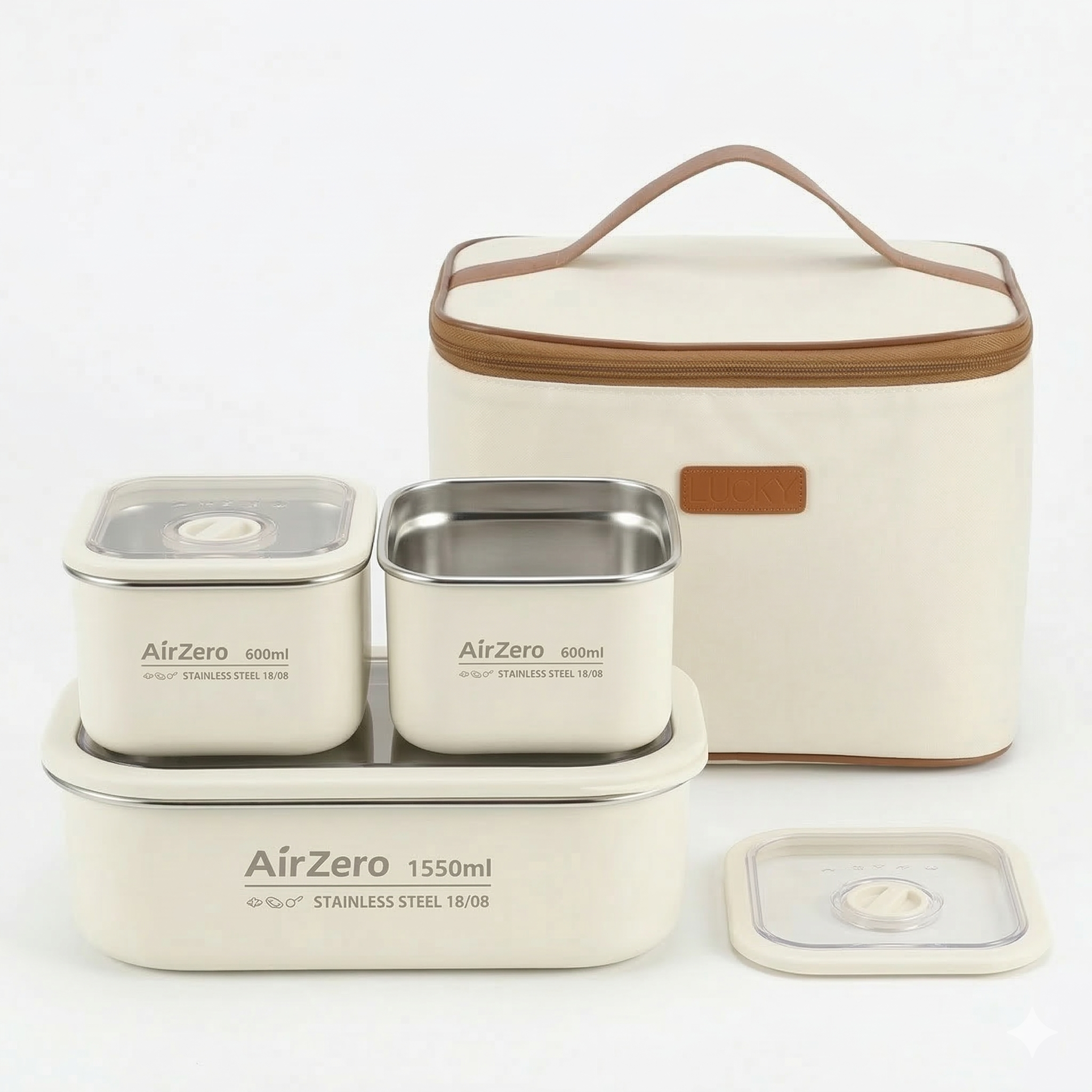 YELONA Insulated Stainless Steel Bento Lunch Box Set with Thermal Bag - Leak-Proof, Microwavable - 2750ml (3 Containers), Cream