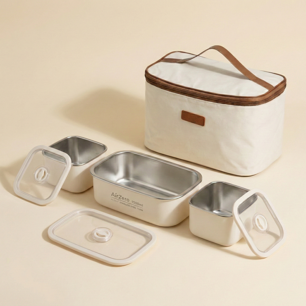 YELONA Insulated Stainless Steel Bento Lunch Box Set with Thermal Bag - Leak-Proof, Microwavable - 2750ml (3 Containers), Cream