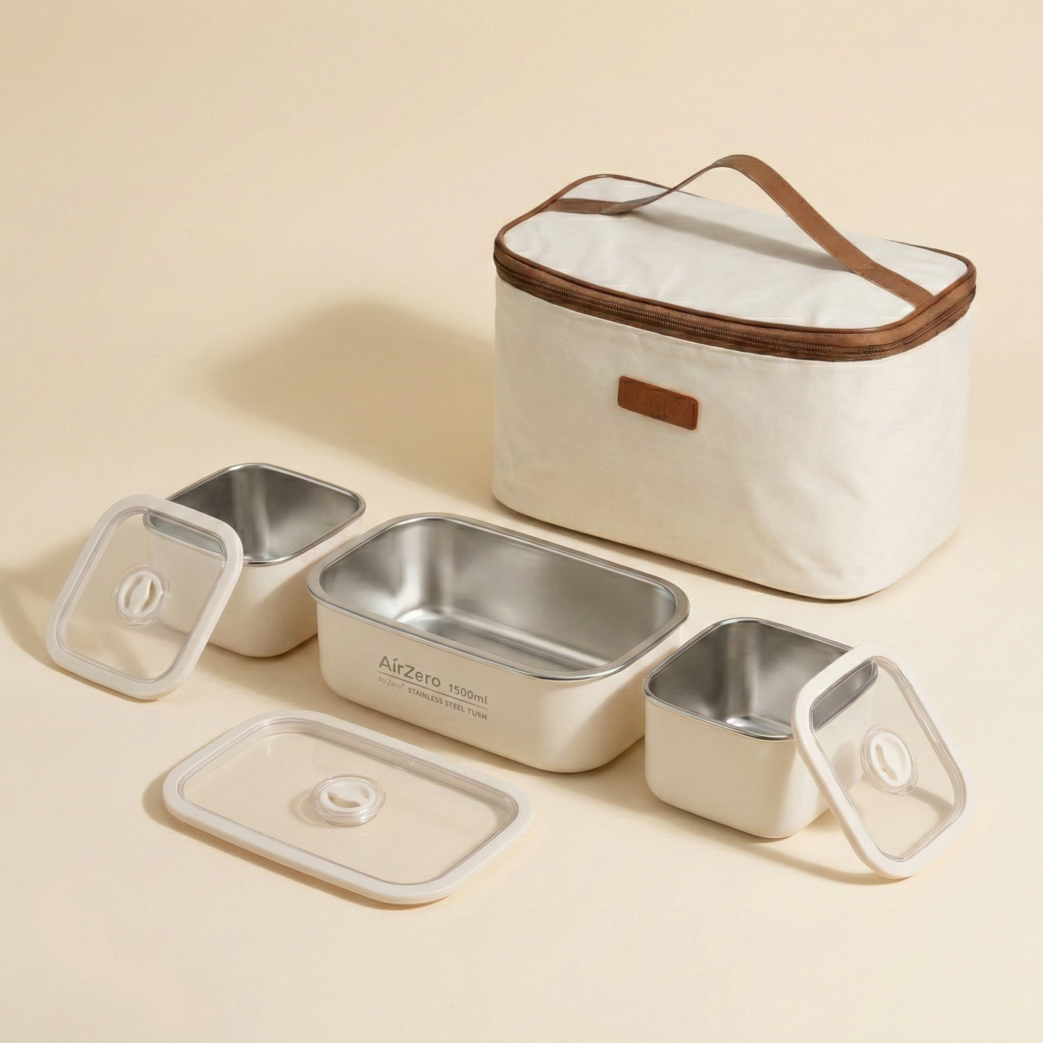 YELONA Insulated Stainless Steel Bento Lunch Box Set with Thermal Bag - Leak-Proof, Microwavable - 2750ml (3 Containers), Cream