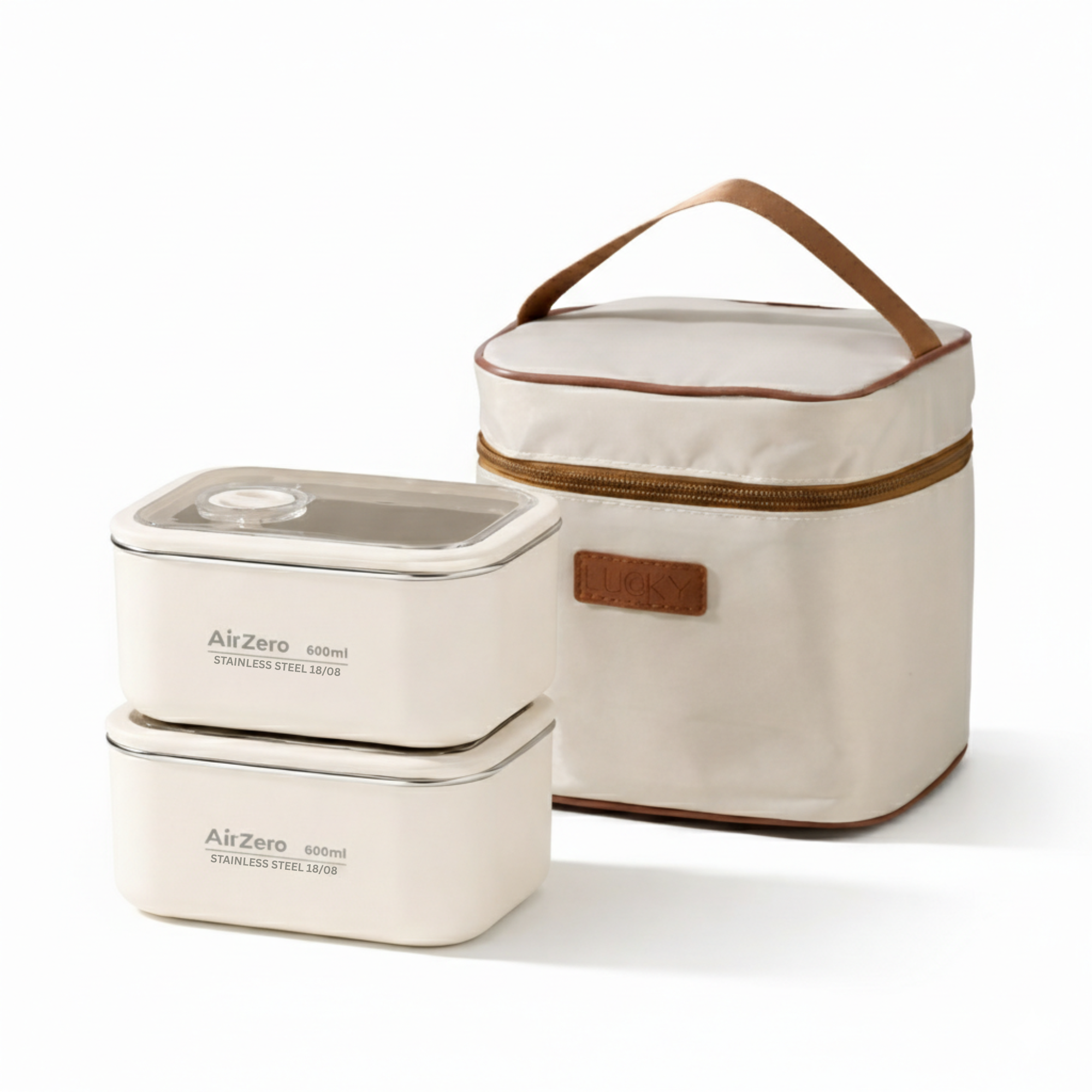 YELONA Stainless Steel Bento Lunch Box Set with Insulated Bag - Microwave & Dishwasher Safe Tiffin Box for Office & School, Leak-Proof Meal Prep Containers - 1200ml (2 x 600ml), Beige