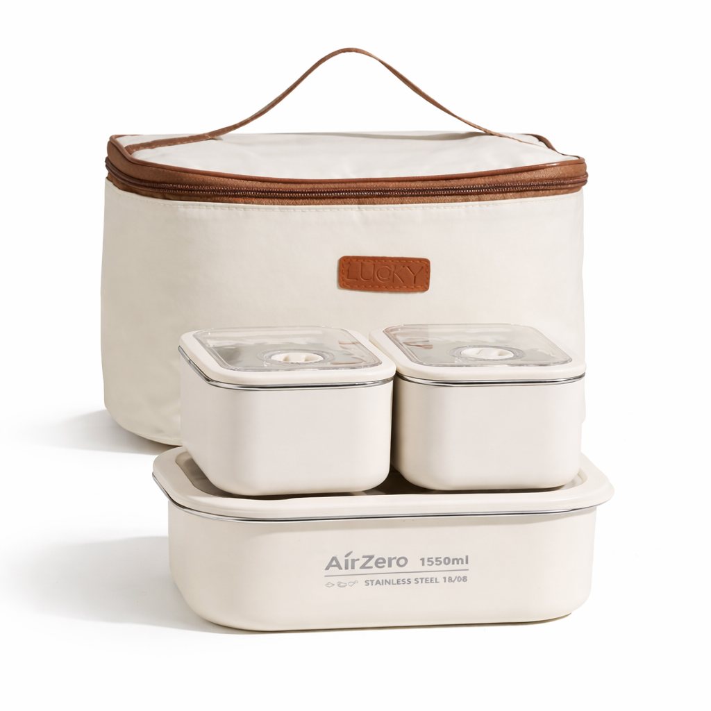 YELONA Insulated Stainless Steel Bento Lunch Box Set with Thermal Bag - Leak-Proof, Microwavable - 2750ml (3 Containers), Cream
