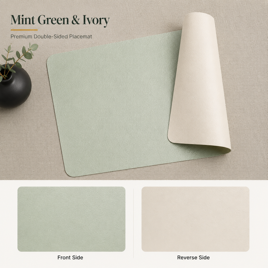 Yelona Premium Double-Sided PU Leather Placemat Set of 4 | Reversible Waterproof Heat Resistant Table Mats | Kitchen Dining Accessories | 45 x 30 cm (Mint Green & Ivory)
