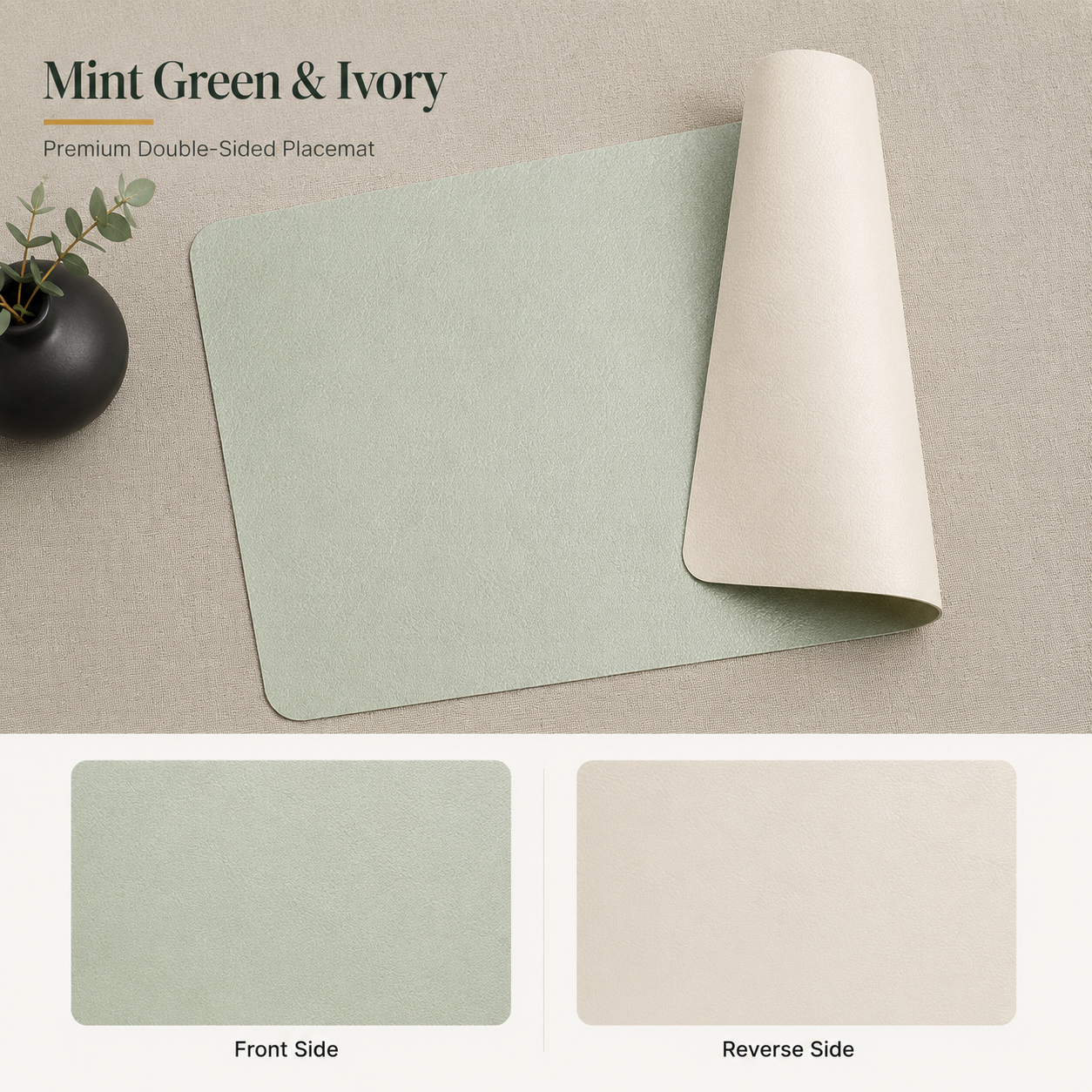 Yelona Premium Double-Sided PU Leather Placemat Set of 4 | Reversible Waterproof Heat Resistant Table Mats | Kitchen Dining Accessories | 45 x 30 cm (Mint Green & Ivory)