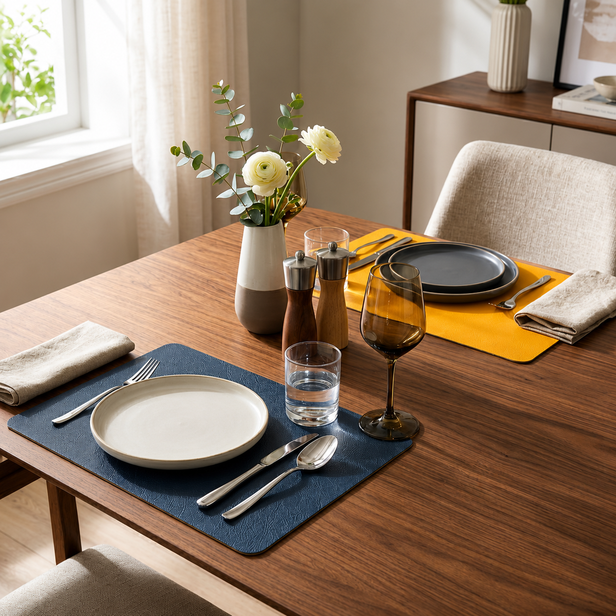 Yelona Premium Double-Sided PU Leather Placemat Set of 4 | Reversible Waterproof Heat Resistant Table Mats | Kitchen Dining Accessories | 45 x 30 cm (Navy Blue & Yellow)