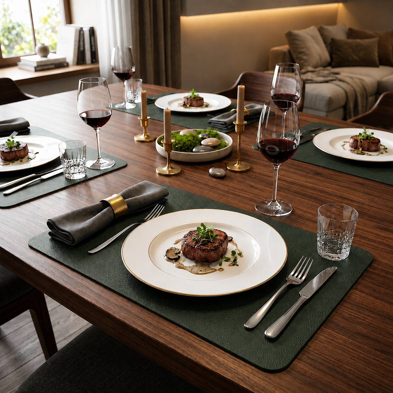 Yelona Premium Double-Sided PU Leather Placemat Set of 4 | Reversible Waterproof Heat Resistant Table Mats | Kitchen Dining Accessories | 45 x 30 cm (Dark Green & Grey)