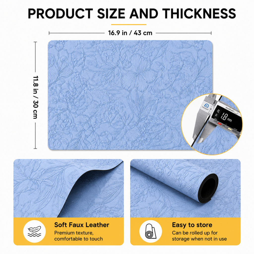 Yelona Premium Faux Leather Placemat Set of 4 | Printed Floral Design, Waterproof & Heat Resistant Table Mat | Non-Slip, Washable for Dining, Kitchen & Home Decor (Sky Blue, 43 x 30 cm)