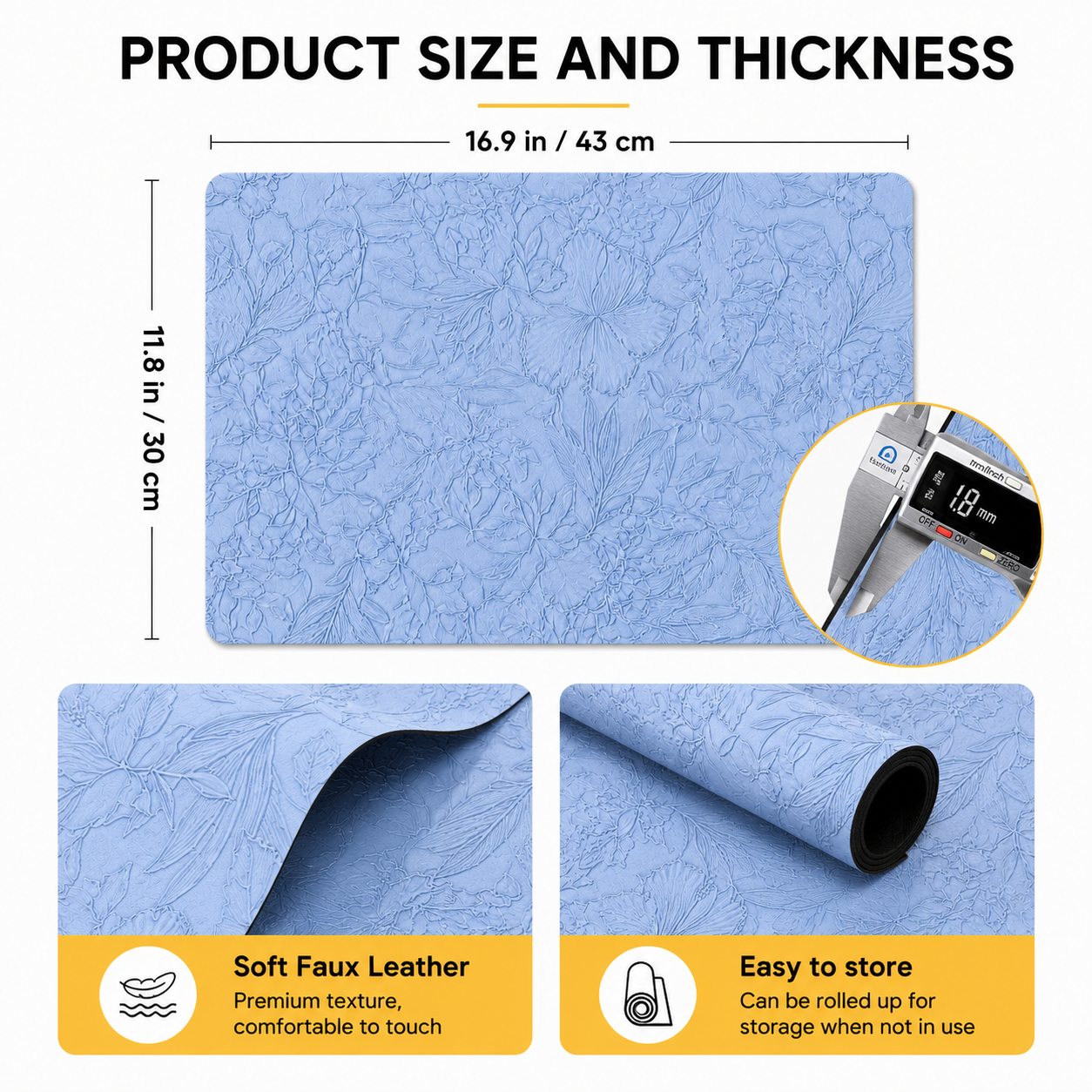 Yelona Premium Faux Leather Placemat Set of 4 | Printed Floral Design, Waterproof & Heat Resistant Table Mat | Non-Slip, Washable for Dining, Kitchen & Home Decor (Sky Blue, 43 x 30 cm)