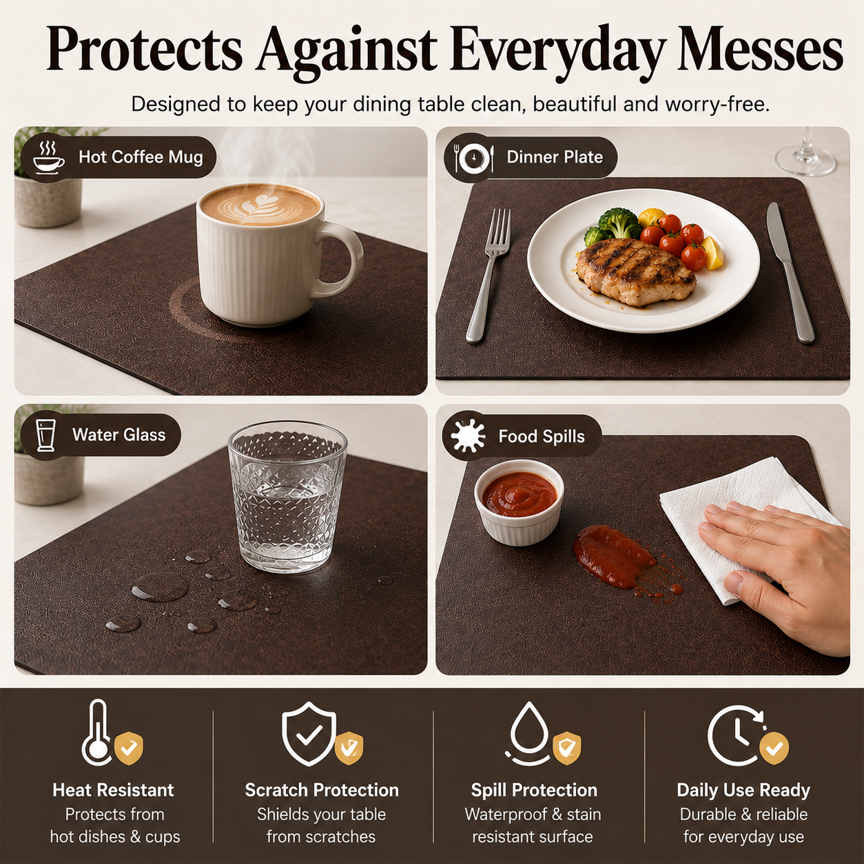 Yelona Premium Double-Sided PU Leather Placemat Set of 4 | Reversible Waterproof Heat Resistant Table Mats | Kitchen Dining Accessories | 45 x 30 cm (Charcoal Brown & Black)