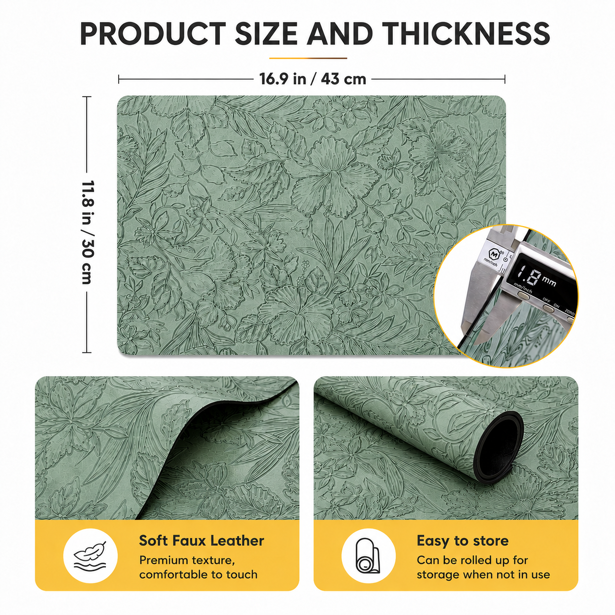 Yelona Premium Faux Leather Placemat Set of 6 | Printed Floral Design, Waterproof & Heat Resistant Table Mat | Non-Slip, Washable for Dining, Kitchen & Home Decor (Green, 43 x 30 cm)