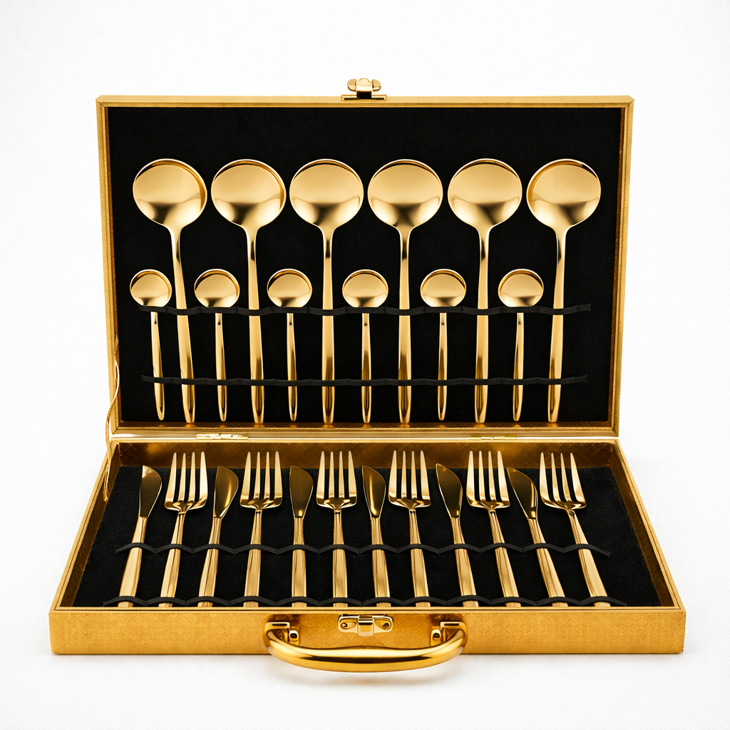 KitchAntique 24-Piece Cutlery Set with Storage Box | SUS410 Stainless Steel Dinner Set | Luxury Gift Set with Carry Case | Premium Spoon Fork Knife Set for Dining & Festive Gifting - Gold