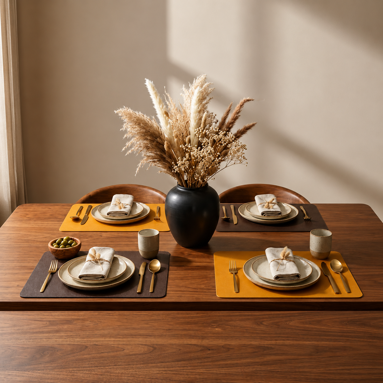 Yelona Premium Double-Sided PU Leather Placemat Set of 4 | Reversible Waterproof Heat Resistant Table Mats | Kitchen Dining Accessories | 45 x 30 cm (Brown & Turmeric)