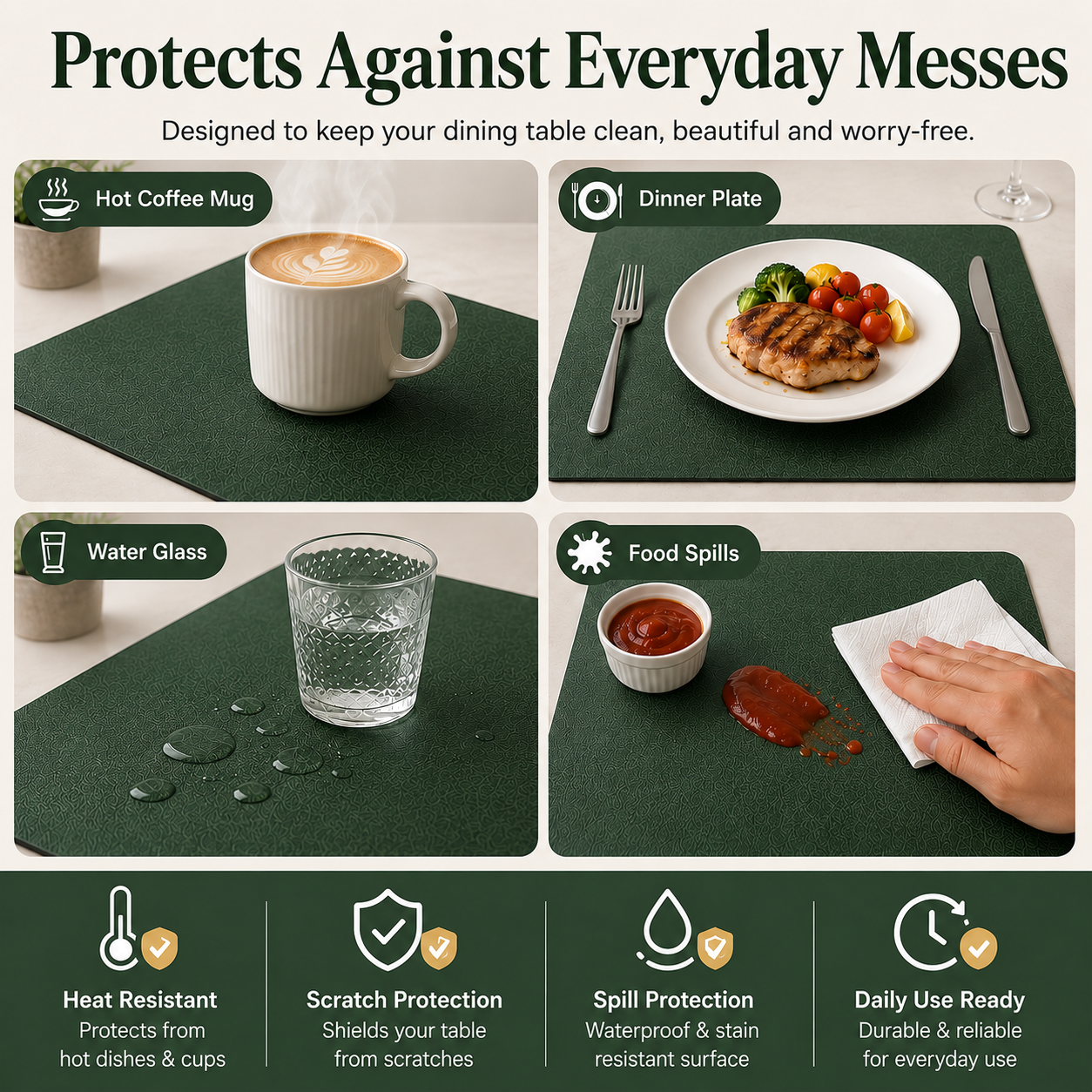 Yelona Premium Double-Sided PU Leather Placemat Set of 4 | Reversible Waterproof Heat Resistant Table Mats | Kitchen Dining Accessories | 45 x 30 cm (Dark Green & Grey)