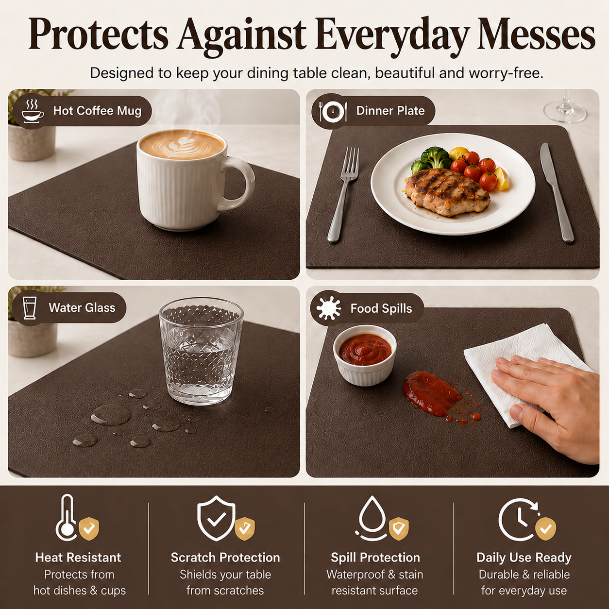 Yelona Premium Double-Sided PU Leather Placemat Set of 4 | Reversible Waterproof Heat Resistant Table Mats | Kitchen Dining Accessories | 45 x 30 cm (Brown & Turmeric)