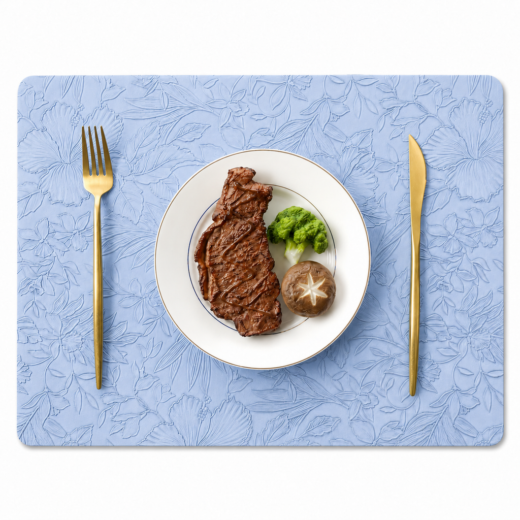 Yelona Premium Faux Leather Placemat Set of 6 | Printed Floral Design, Waterproof & Heat Resistant Table Mat | Non-Slip, Washable for Dining, Kitchen & Home Decor (Sky Blue, 43 x 30 cm)