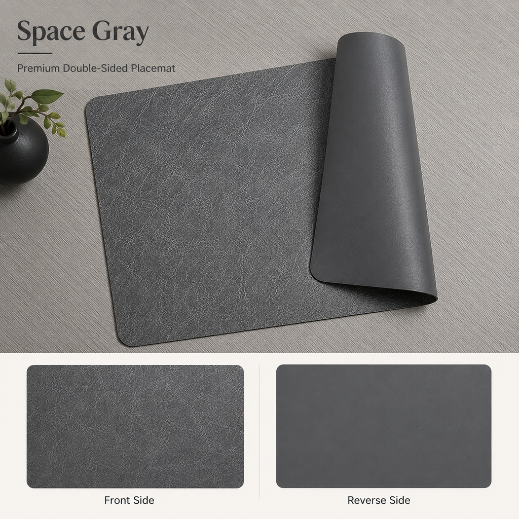 Yelona Premium Double-Sided PU Leather Placemat Set of 4 | Reversible Waterproof Heat Resistant Table Mats | Kitchen Dining Accessories | 45 x 30 cm (Space Grey)
