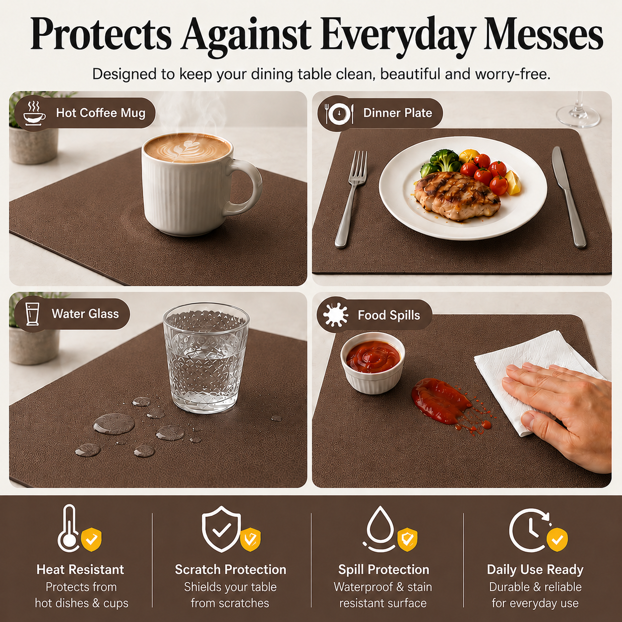 Yelona Premium Double-Sided PU Leather Placemat Set of 4 | Reversible Waterproof Heat Resistant Table Mats | Kitchen Dining Accessories | 45 x 30 cm (Dark Coffee)