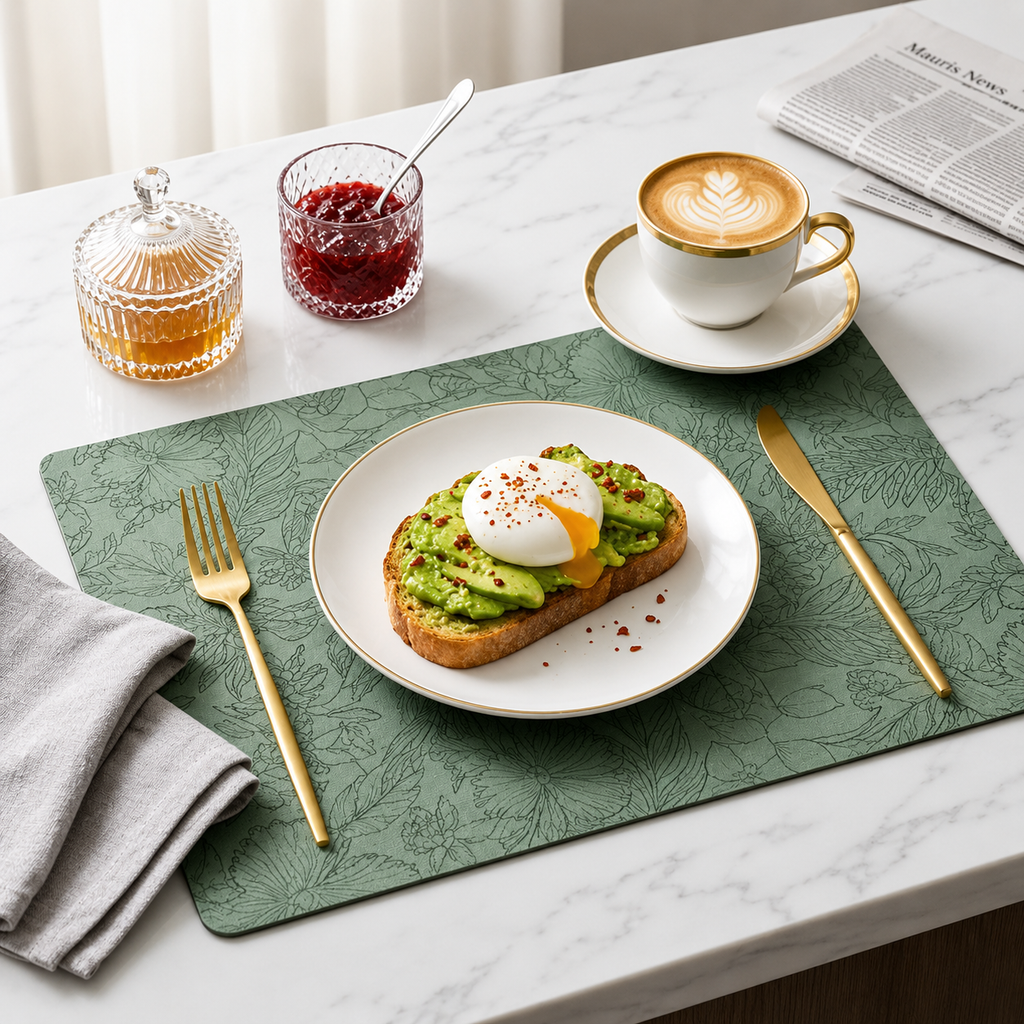 Yelona Premium Faux Leather Placemat Set of 6 | Printed Floral Design, Waterproof & Heat Resistant Table Mat | Non-Slip, Washable for Dining, Kitchen & Home Decor (Green, 43 x 30 cm)