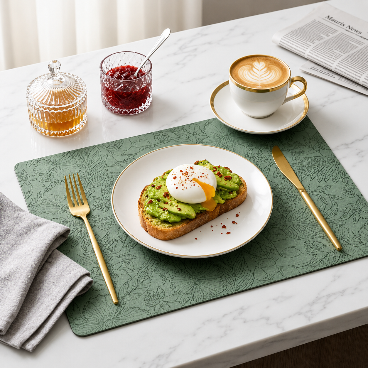 Yelona Premium Faux Leather Placemat Set of 6 | Printed Floral Design, Waterproof & Heat Resistant Table Mat | Non-Slip, Washable for Dining, Kitchen & Home Decor (Green, 43 x 30 cm)